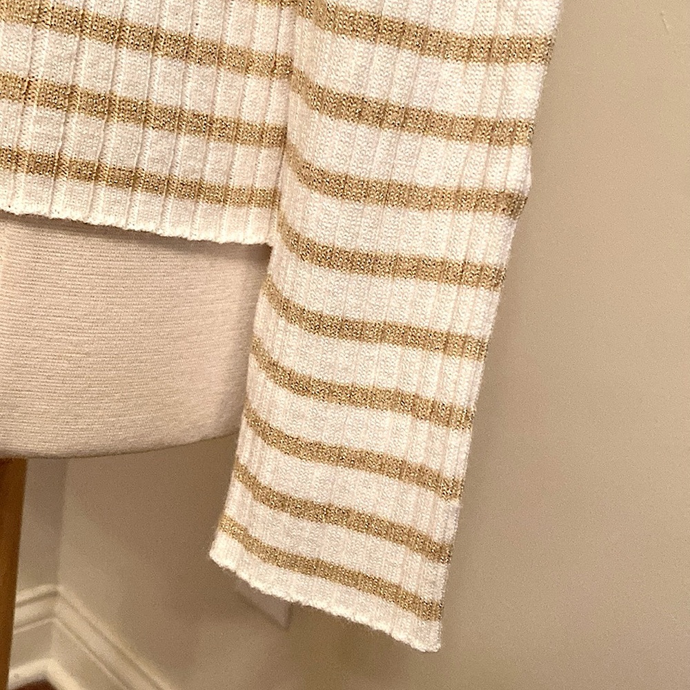 Nine West Cream Gold Metallic Striped L Coastal Nautical Preppy Casual Sweater - Picture 6 of 11